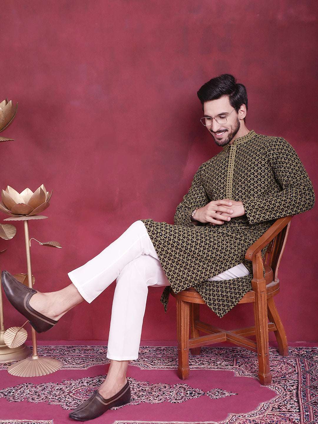 Jompers Men's Sequins Embroidered Kurta with Pyjama - Mehndi - Distacart