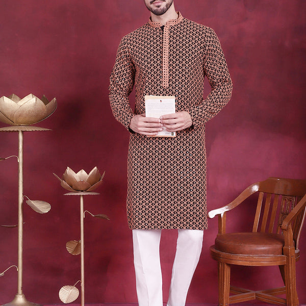 Jompers Men's Sequins Embroidered Kurta with Pyjama - Orange - Distacart