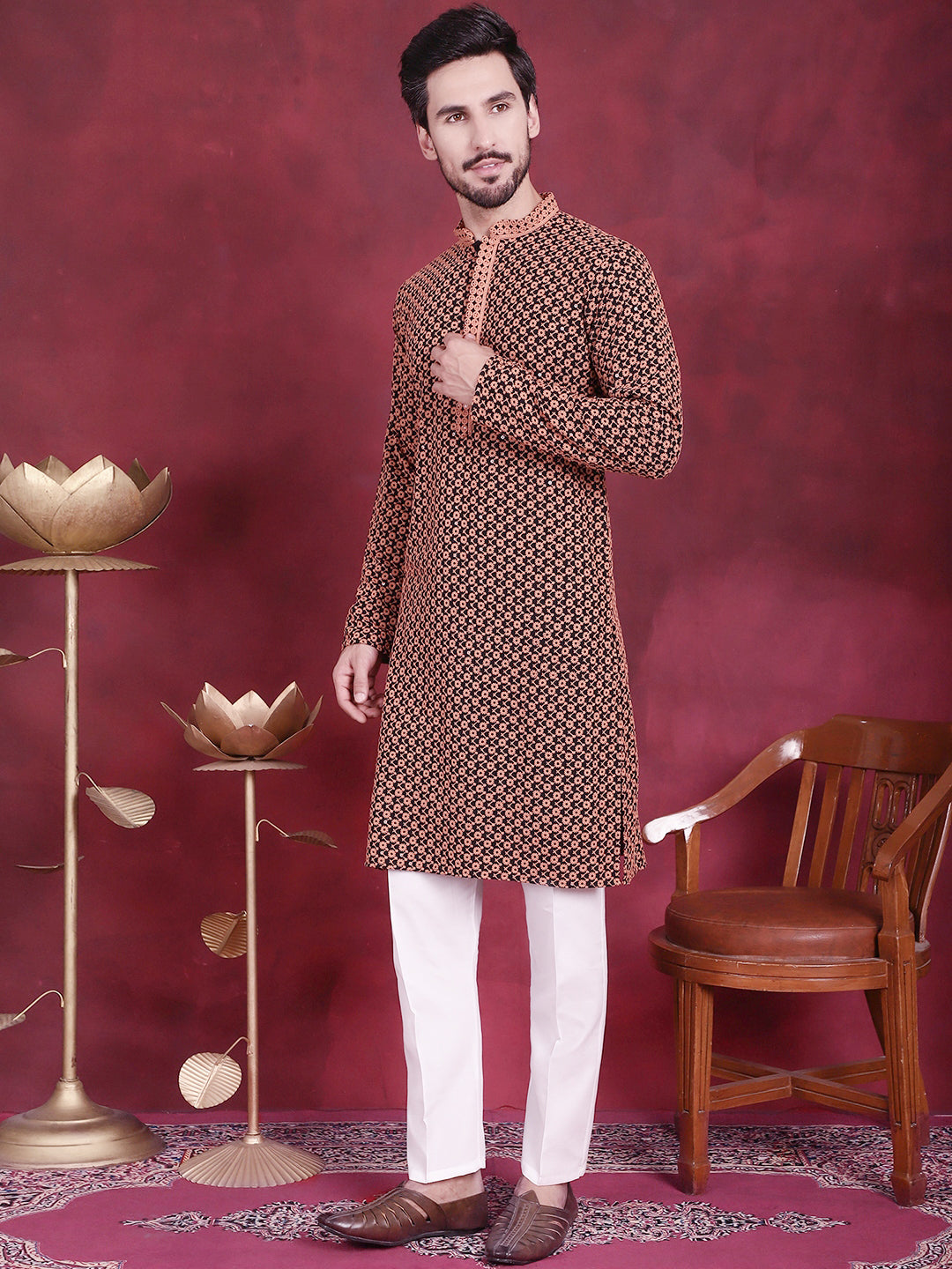 Jompers Men's Sequins Embroidered Kurta with Pyjama - Orange - Distacart