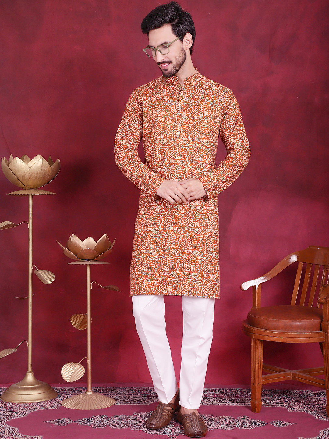 Jompers Men's Digital Printed Kurta with Pyjama - Mustard - Distacart