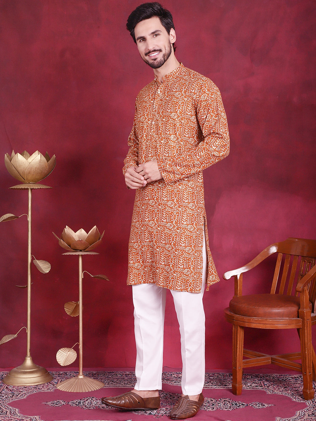 Jompers Men's Digital Printed Kurta with Pyjama - Mustard - Distacart