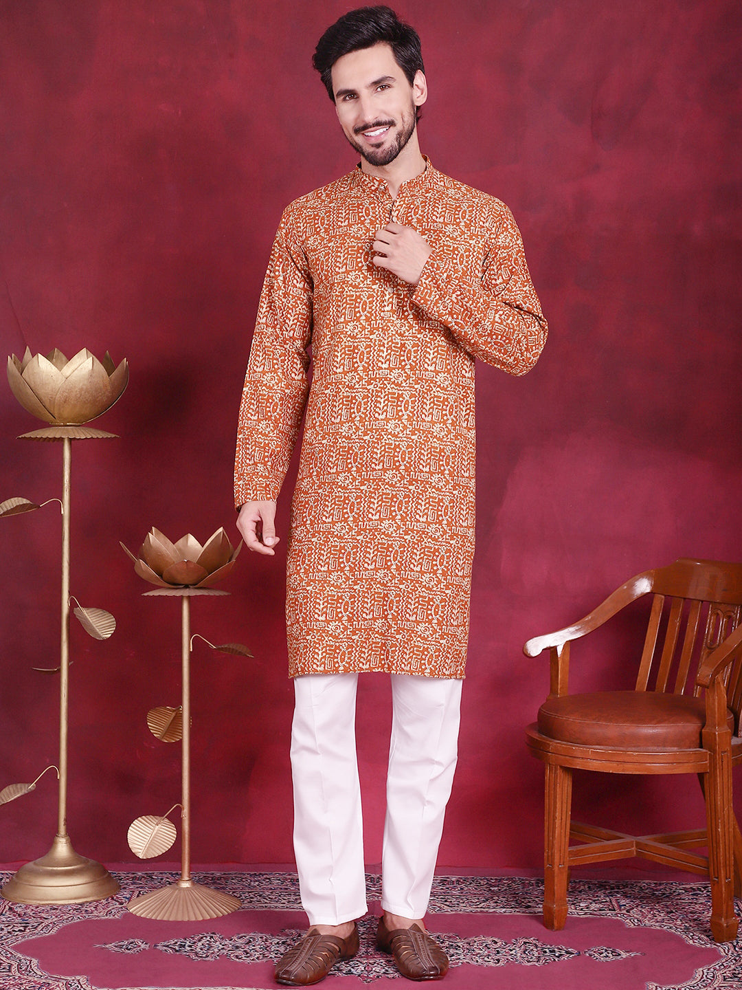 Jompers Men's Digital Printed Kurta with Pyjama - Mustard - Distacart