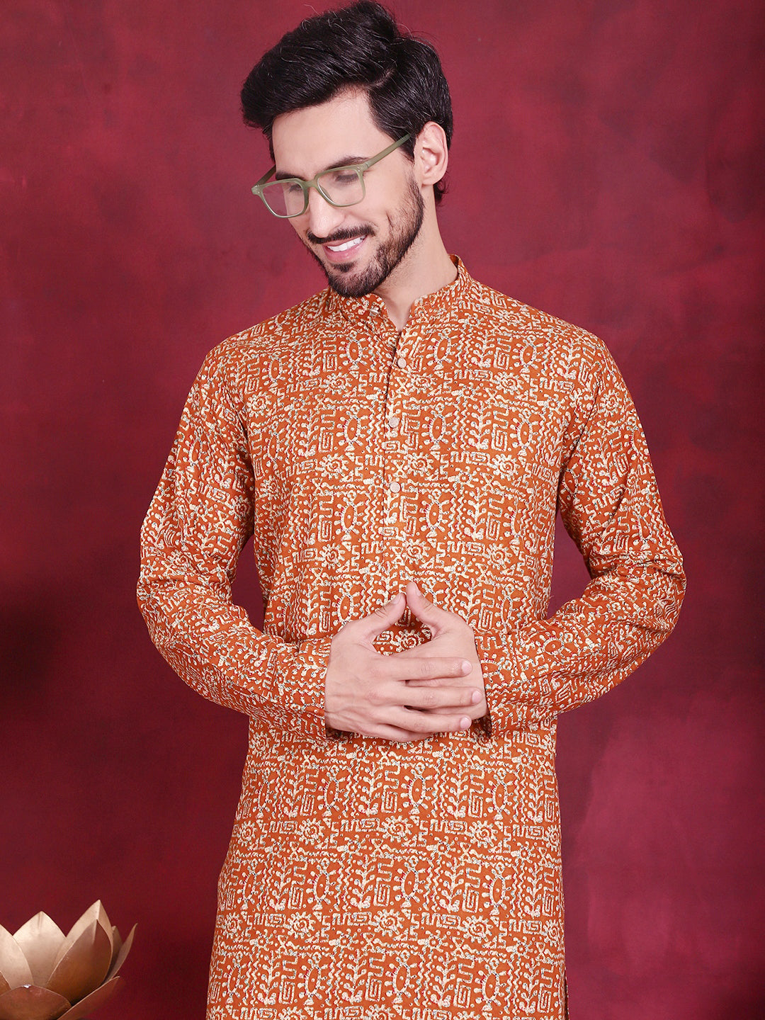 Jompers Men's Digital Printed Kurta with Pyjama - Mustard - Distacart