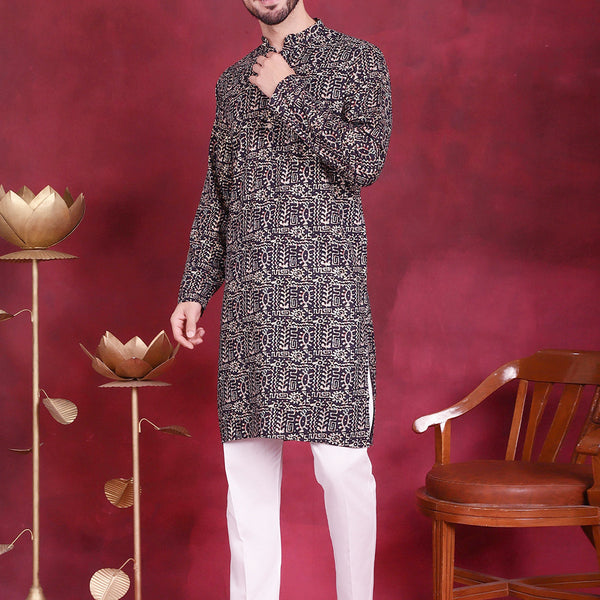 Jompers Men's Digital Printed Kurta with Pyjama - Navy Blue - Distacart