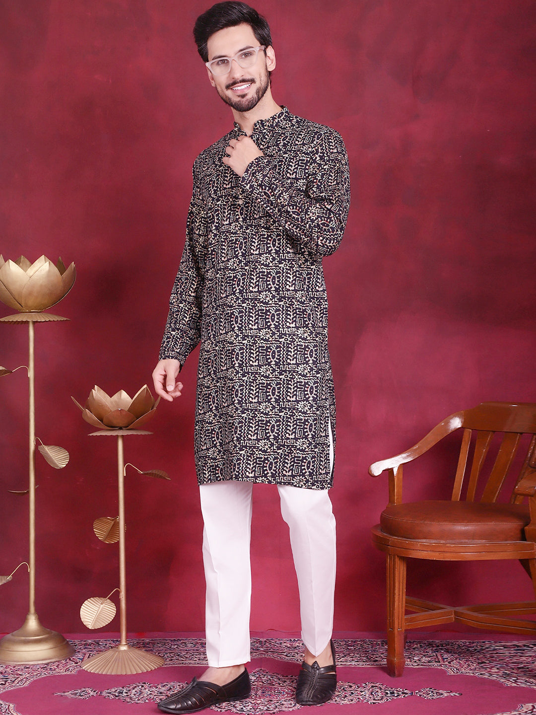 Jompers Men's Digital Printed Kurta with Pyjama - Navy Blue - Distacart