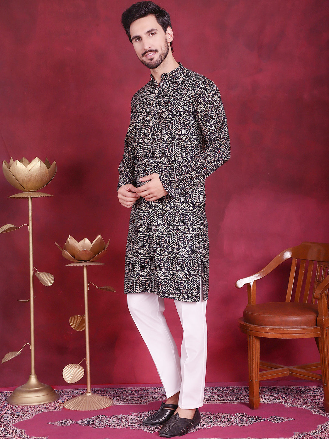 Jompers Men's Digital Printed Kurta with Pyjama - Navy Blue - Distacart