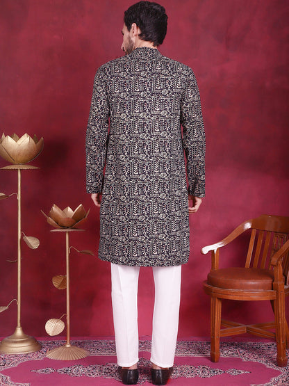 Jompers Men's Digital Printed Kurta with Pyjama - Navy Blue - Distacart