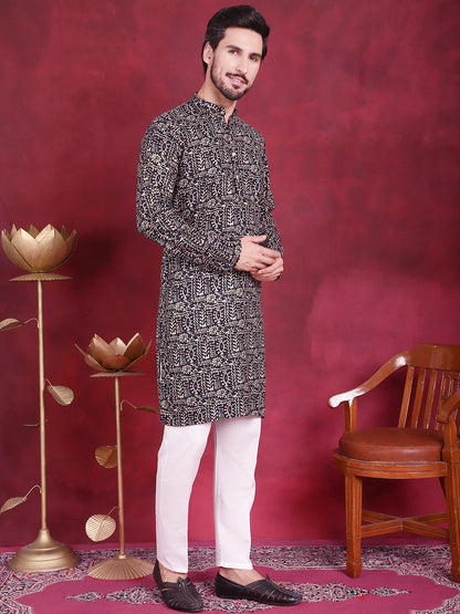 Jompers Men's Digital Printed Kurta with Pyjama - Navy Blue - Distacart