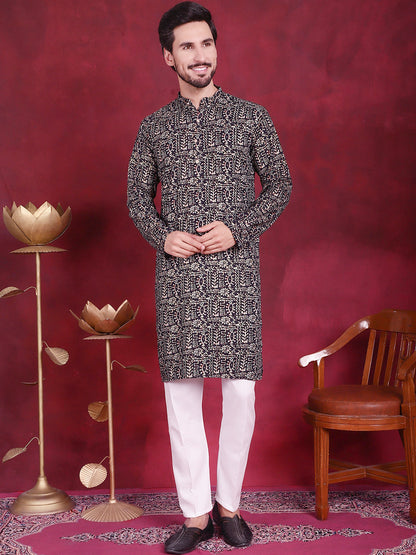 Jompers Men's Digital Printed Kurta with Pyjama - Navy Blue - Distacart