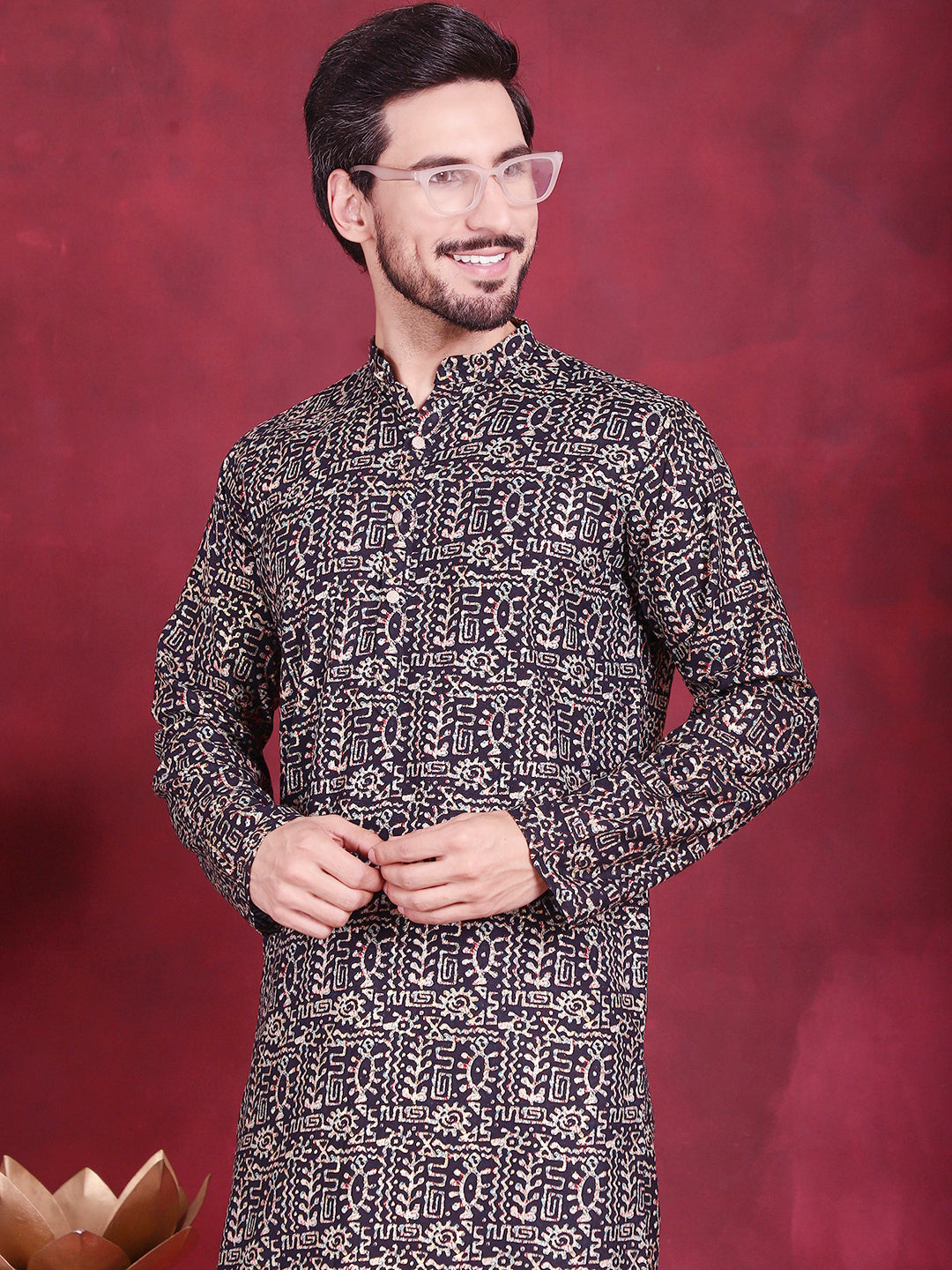 Jompers Men's Digital Printed Kurta with Pyjama - Navy Blue - Distacart