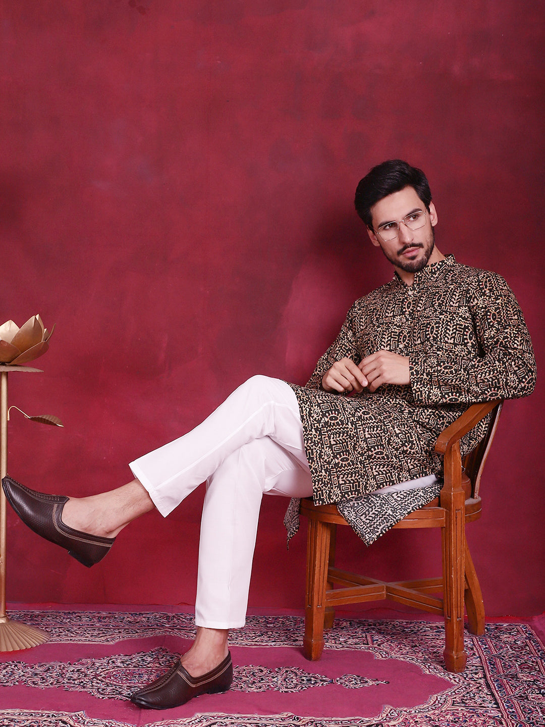 Jompers Men's Digital Printed Kurta with Pyjama - Olive - Distacart