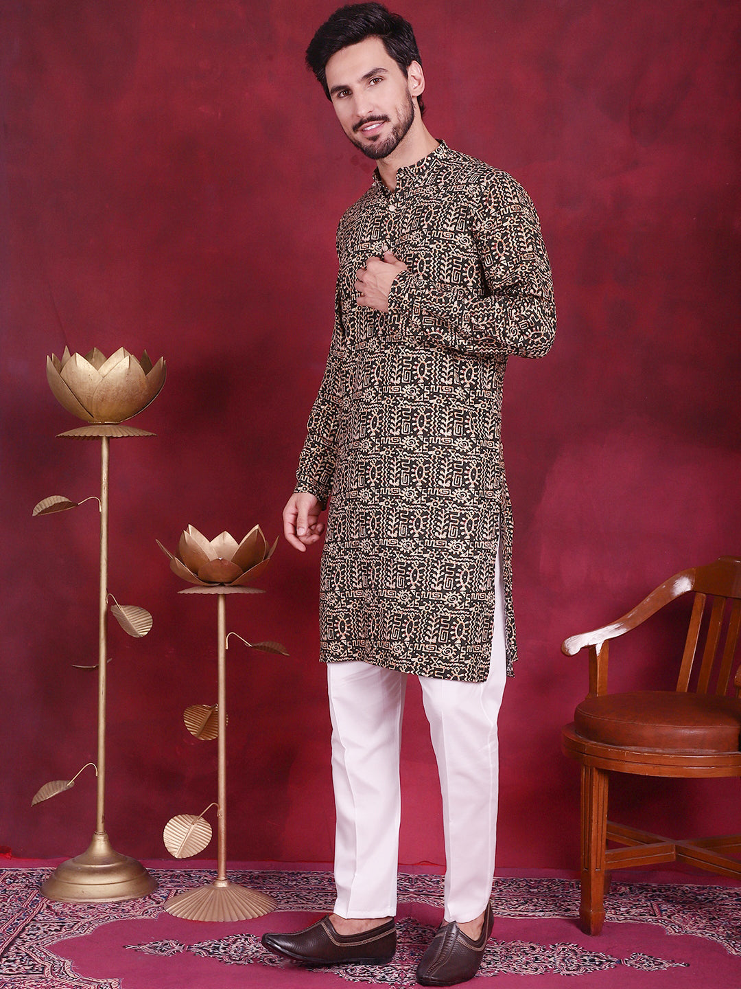 Jompers Men's Digital Printed Kurta with Pyjama - Olive - Distacart