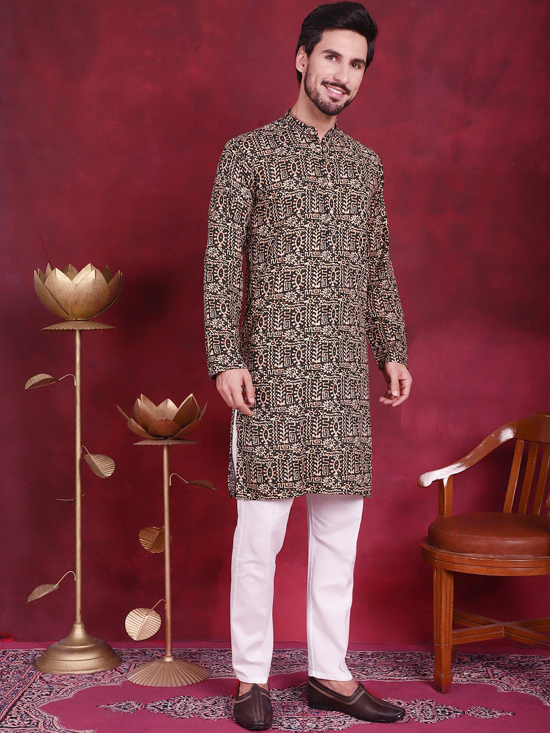 Jompers Men's Digital Printed Kurta with Pyjama - Olive - Distacart