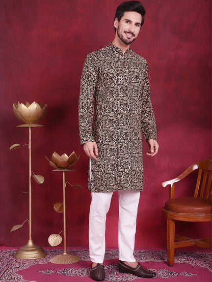 Jompers Men's Digital Printed Kurta with Pyjama - Olive - Distacart