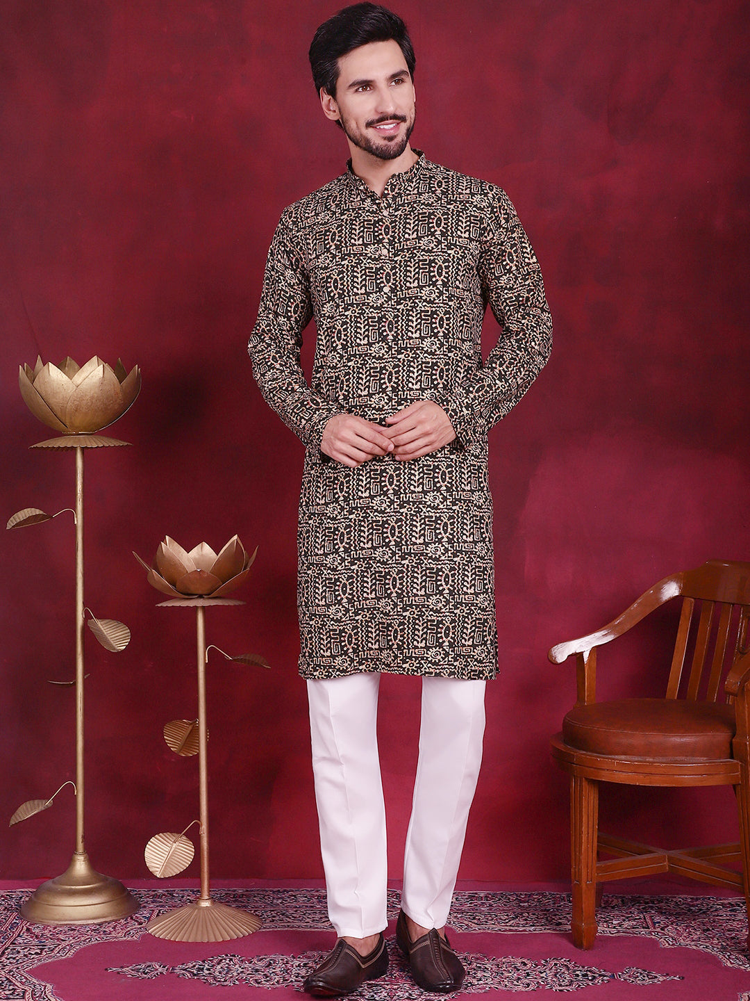 Jompers Men's Digital Printed Kurta with Pyjama - Olive - Distacart