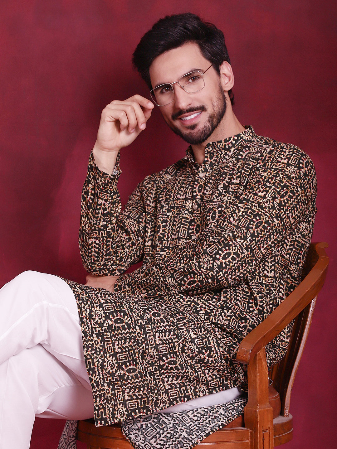 Jompers Men's Digital Printed Kurta with Pyjama - Olive - Distacart