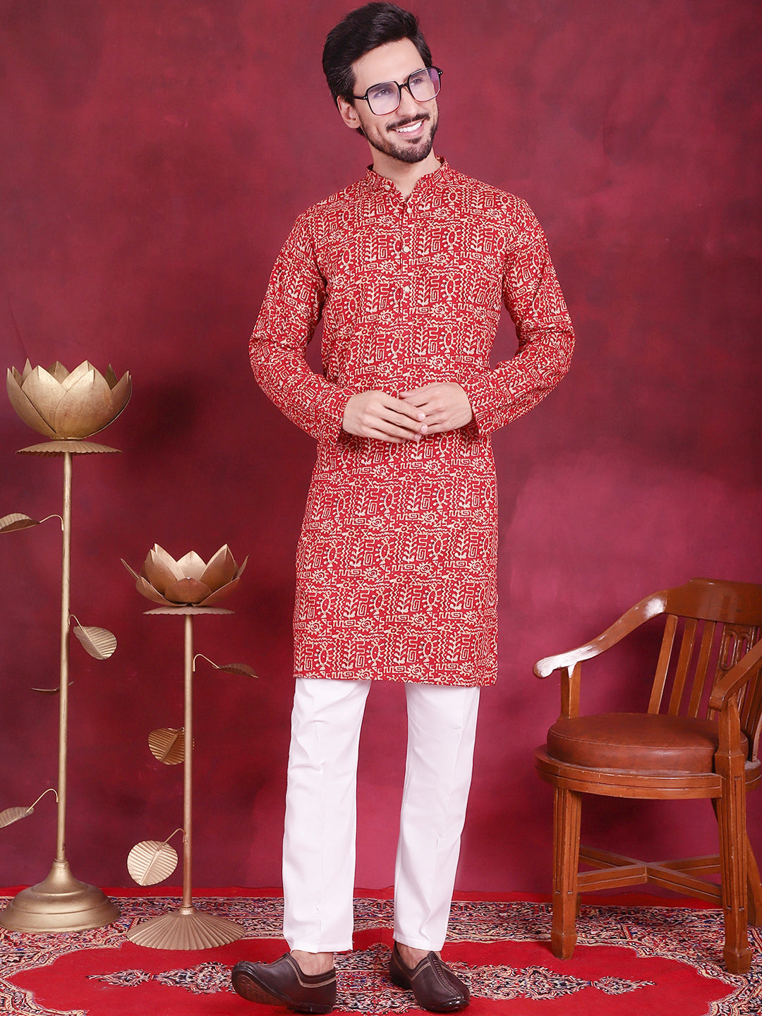 Jompers Men's Digital Printed Kurta with Pyjama - Red - Distacart