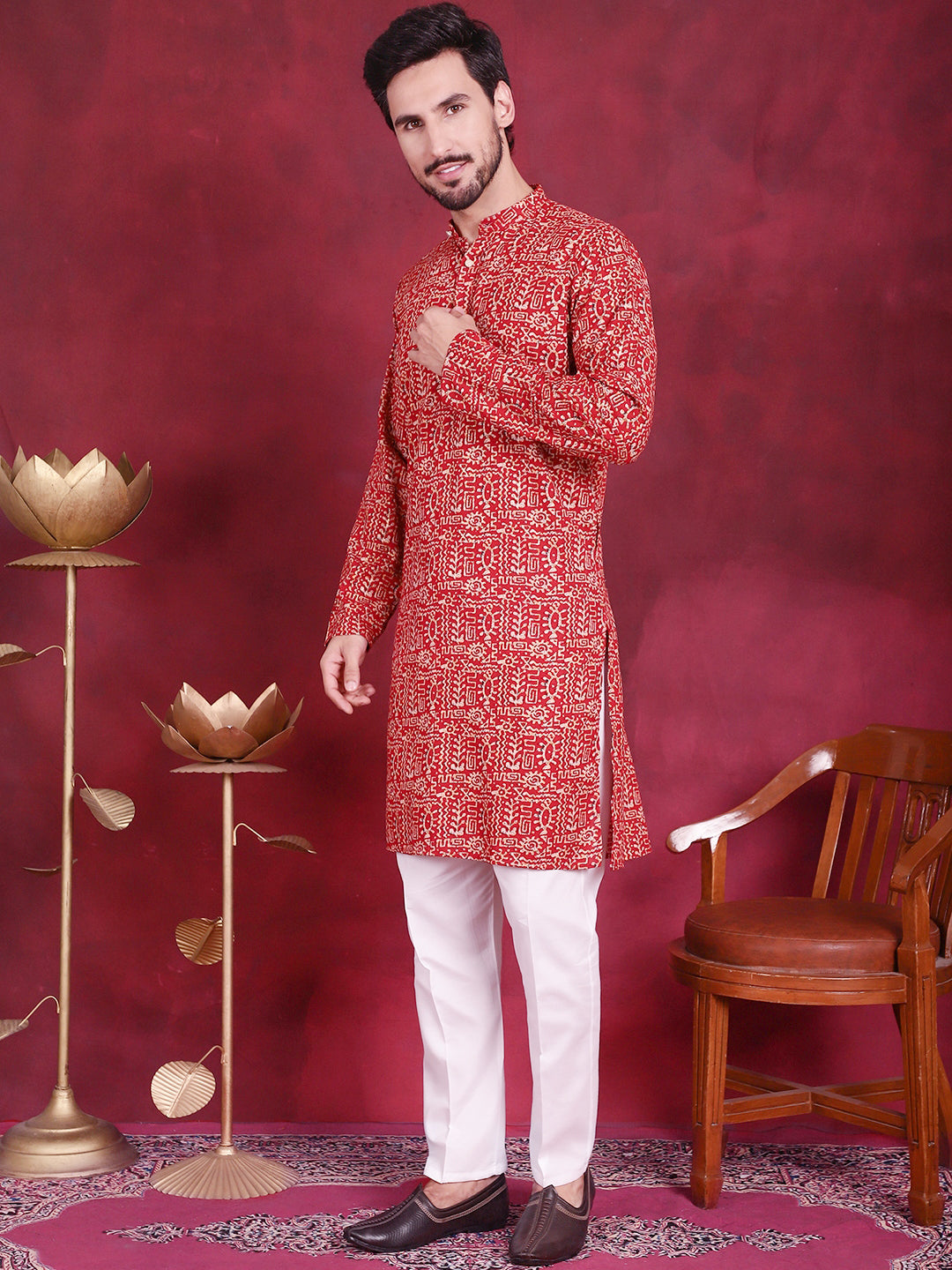 Jompers Men's Digital Printed Kurta with Pyjama - Red - Distacart