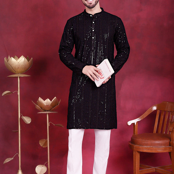 Jompers Men's Sequins Chikankari Embroidered Kurta with Pyjama - Black - Distacart