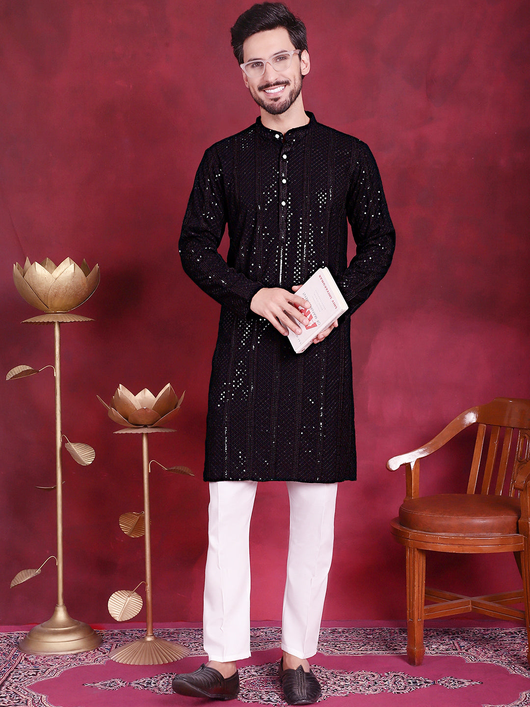 Jompers Men's Sequins Chikankari Embroidered Kurta with Pyjama - Black - Distacart