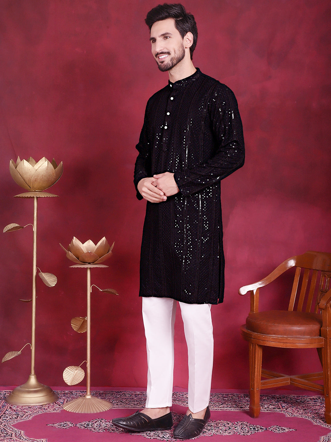 Jompers Men's Sequins Chikankari Embroidered Kurta with Pyjama - Black - Distacart