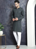Thumbnail for Jompers Men's Sequins Chikankari Embroidered Kurta with Pyjama - Grey - Distacart