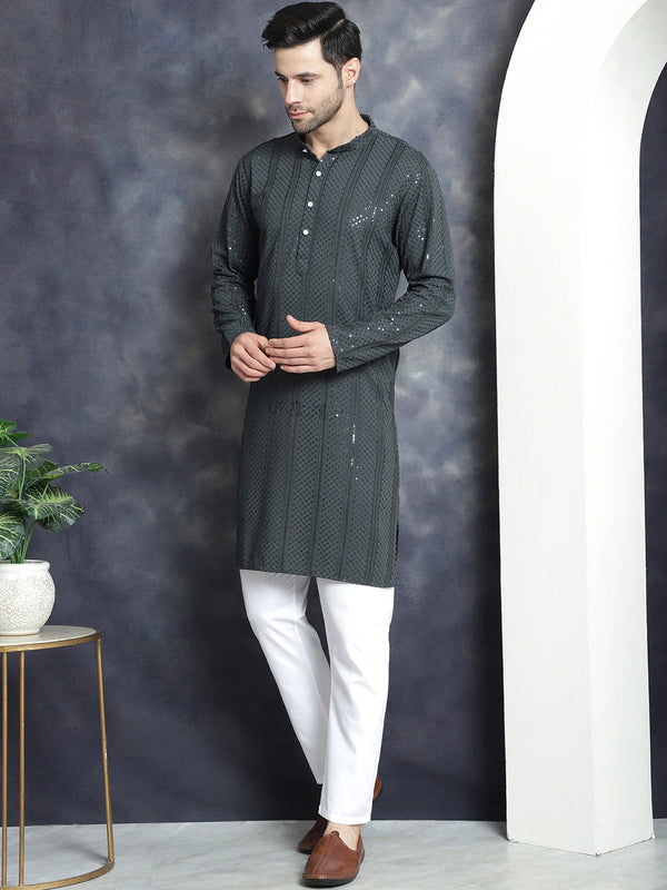 Jompers Men's Sequins Chikankari Embroidered Kurta with Pyjama - Grey - Distacart