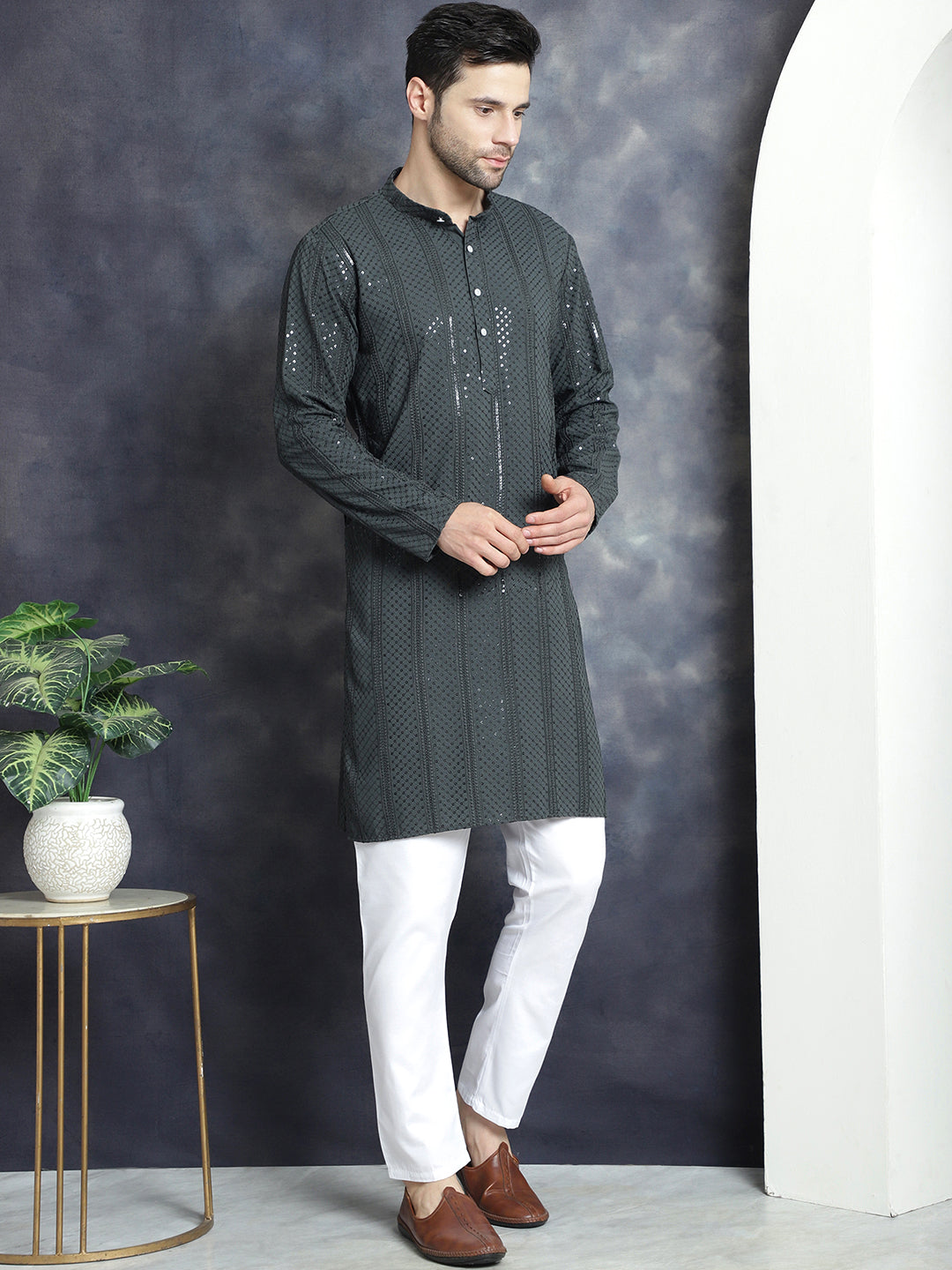 Jompers Men's Sequins Chikankari Embroidered Kurta with Pyjama - Grey - Distacart