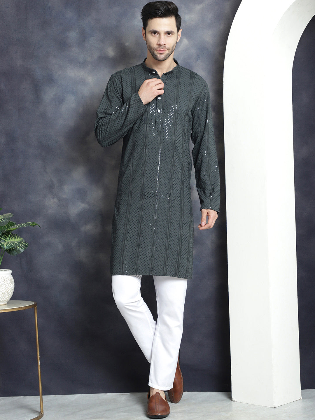 Jompers Men's Sequins Chikankari Embroidered Kurta with Pyjama - Grey - Distacart