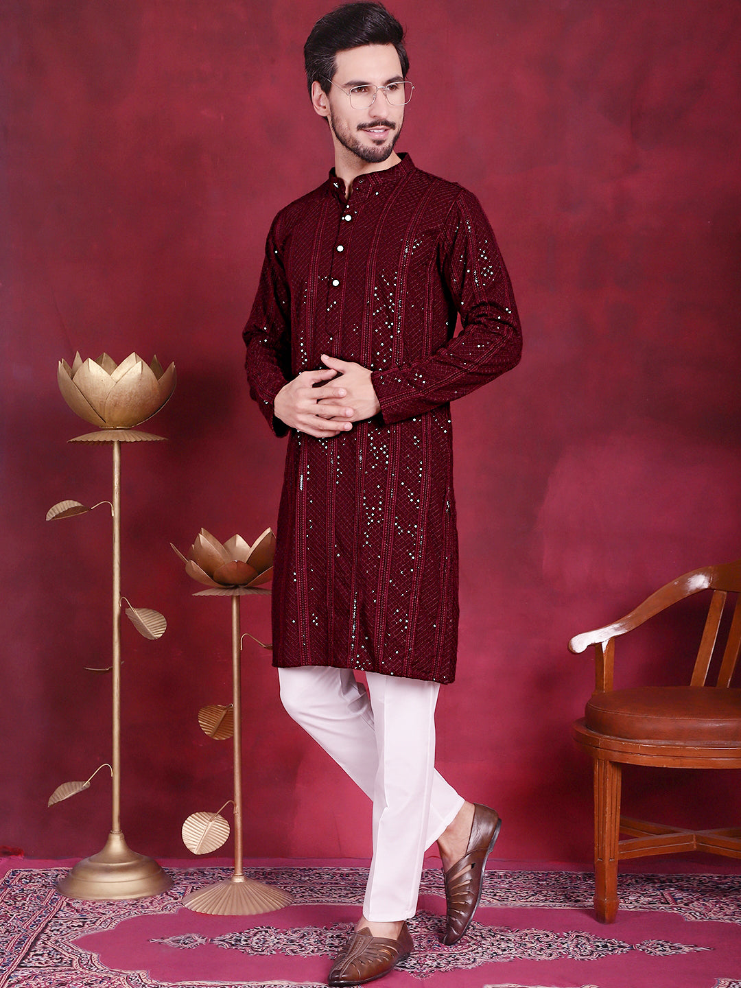 Jompers Men's Sequins Chikankari Embroidered Kurta with Pyjama - Maroon - Distacart