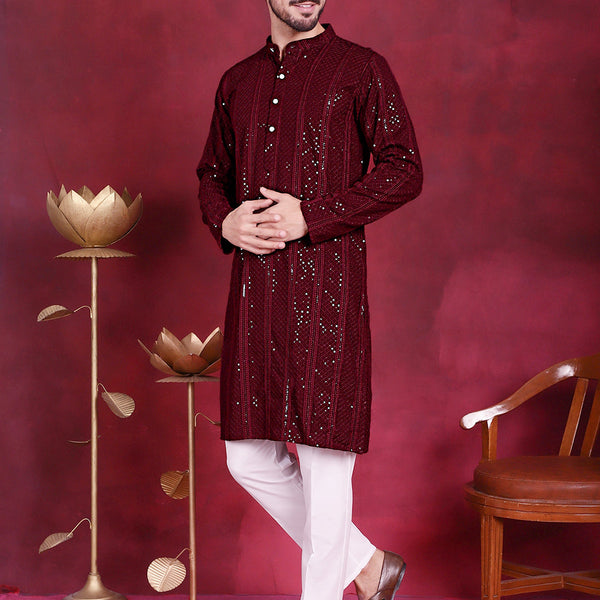 Jompers Men's Sequins Chikankari Embroidered Kurta with Pyjama - Maroon - Distacart
