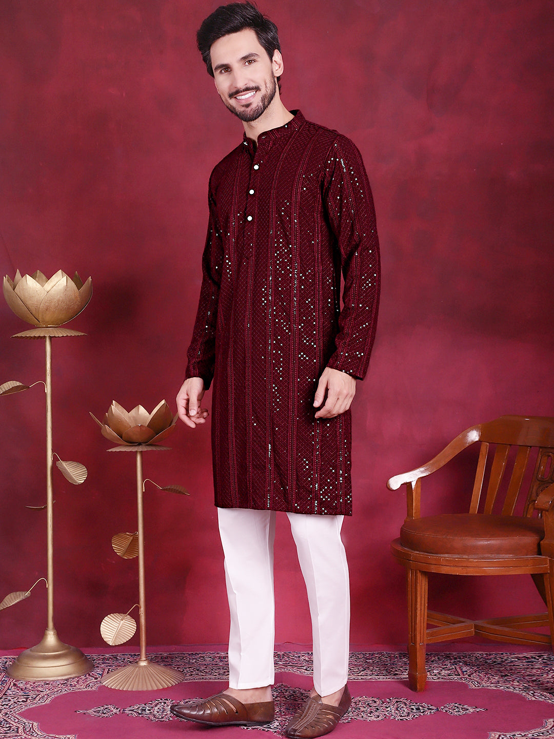 Jompers Men's Sequins Chikankari Embroidered Kurta with Pyjama - Maroon - Distacart