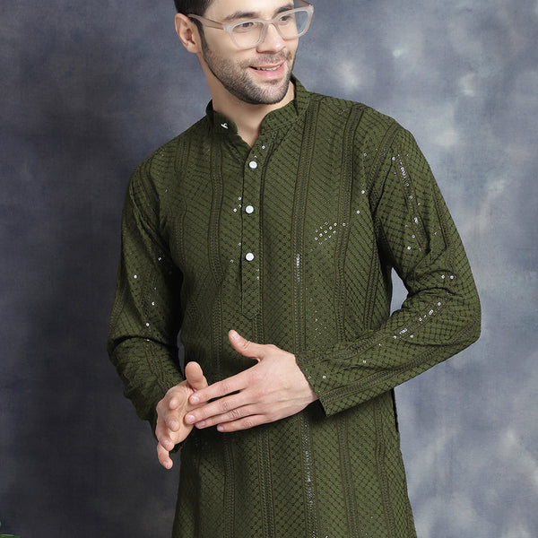 Jompers Men's Sequins Chikankari Embroidered Kurta with Pyjama - Mehndi - Distacart