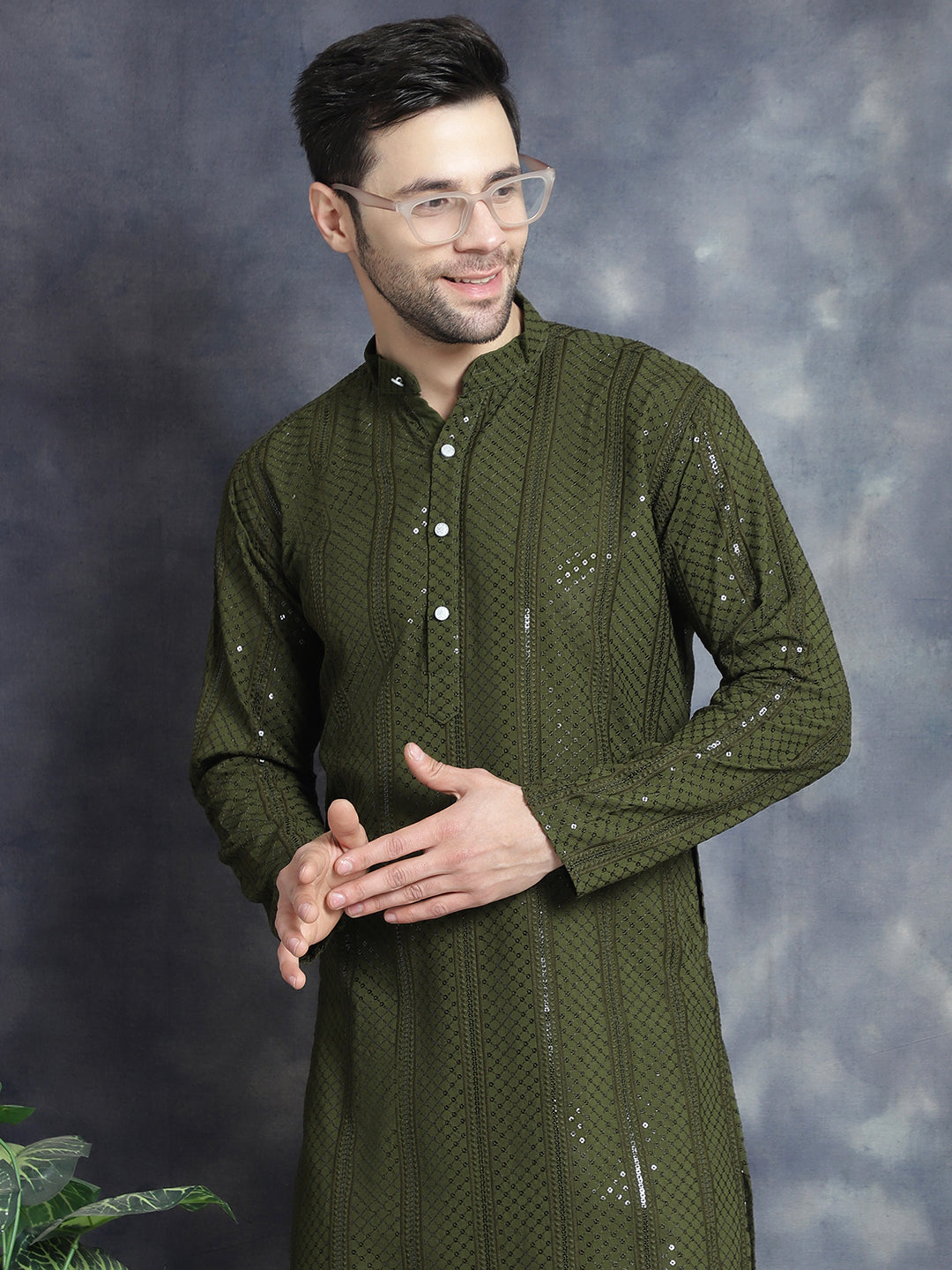 Jompers Men's Sequins Chikankari Embroidered Kurta with Pyjama - Mehndi - Distacart
