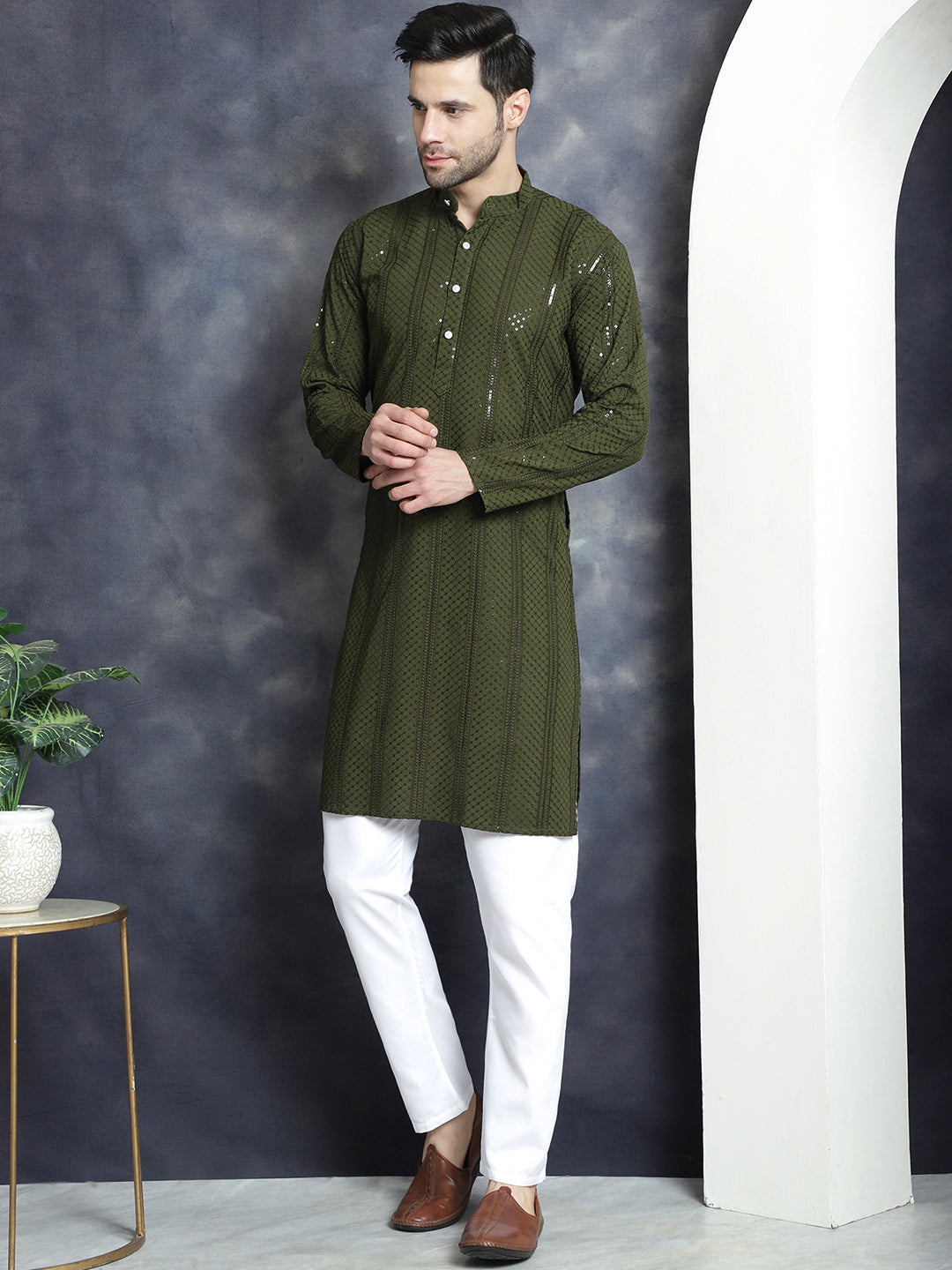 Jompers Men's Sequins Chikankari Embroidered Kurta with Pyjama - Mehndi - Distacart