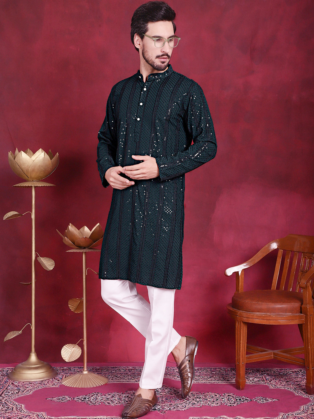 Jompers Men's Sequins Chikankari Embroidered Kurta with Pyjama - Olive - Distacart