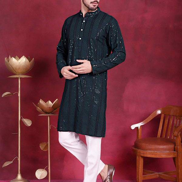 Jompers Men's Sequins Chikankari Embroidered Kurta with Pyjama - Olive - Distacart