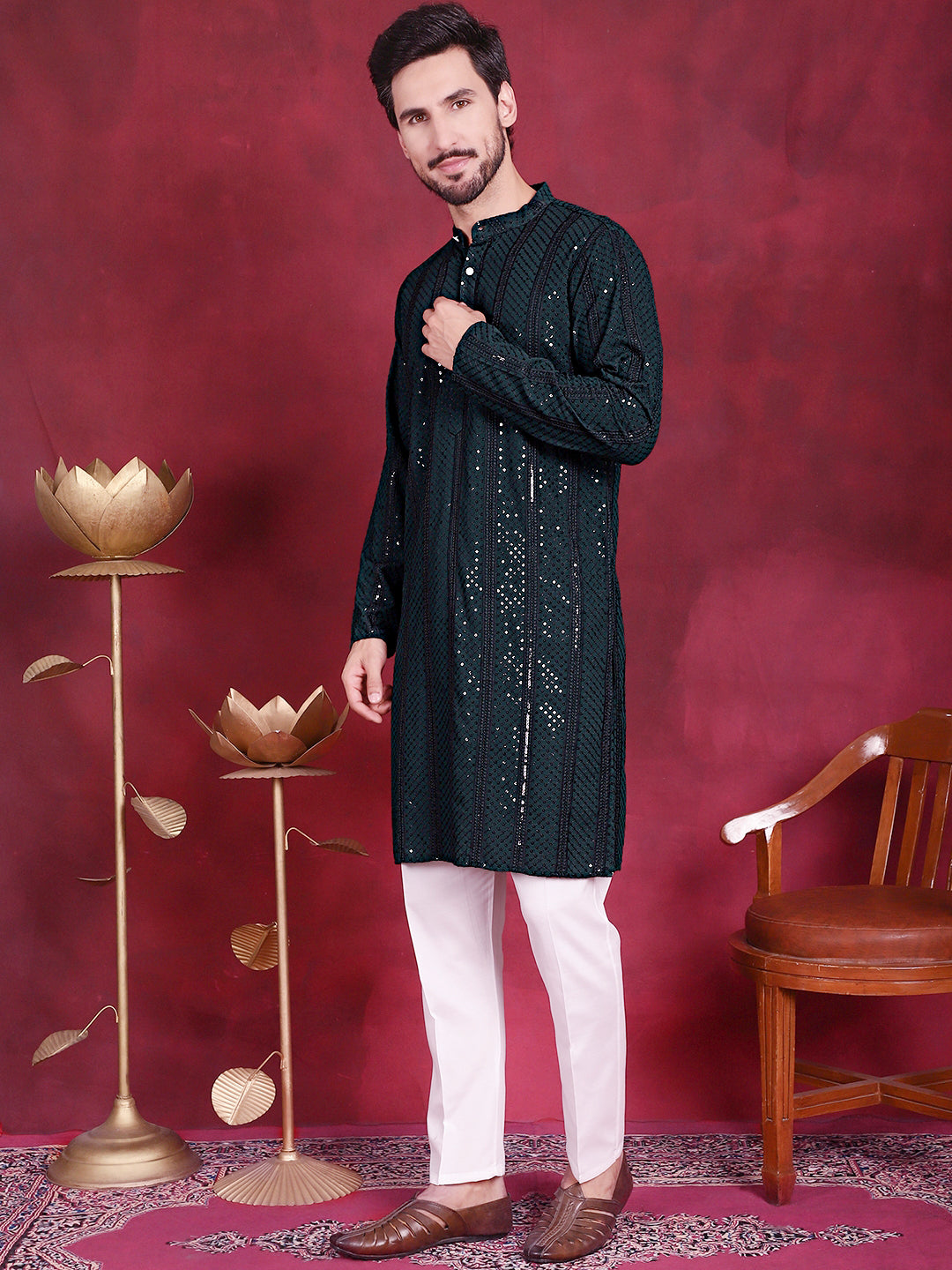 Jompers Men's Sequins Chikankari Embroidered Kurta with Pyjama - Olive - Distacart