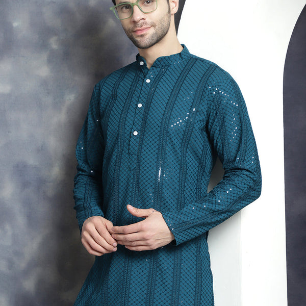 Jompers Men's Sequins Chikankari Embroidered Kurta with Pyjama - Peacock - Distacart