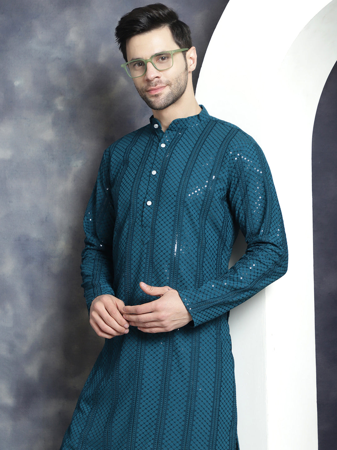 Jompers Men's Sequins Chikankari Embroidered Kurta with Pyjama - Peacock - Distacart