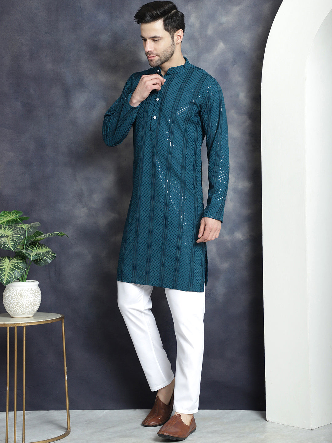 Jompers Men's Sequins Chikankari Embroidered Kurta with Pyjama - Peacock - Distacart