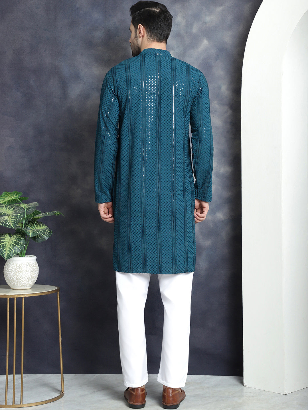 Jompers Men's Sequins Chikankari Embroidered Kurta with Pyjama - Peacock - Distacart
