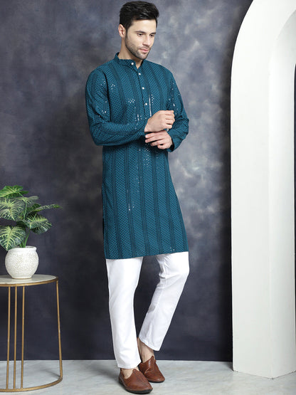 Jompers Men's Sequins Chikankari Embroidered Kurta with Pyjama - Peacock - Distacart
