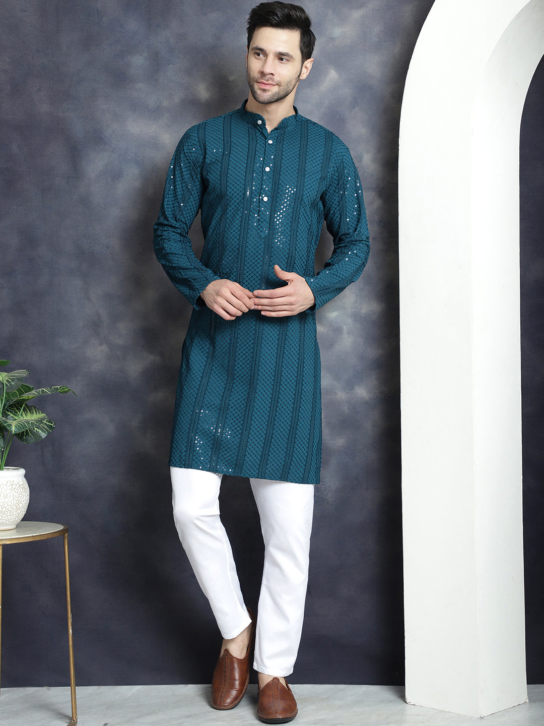 Jompers Men's Sequins Chikankari Embroidered Kurta with Pyjama - Peacock - Distacart