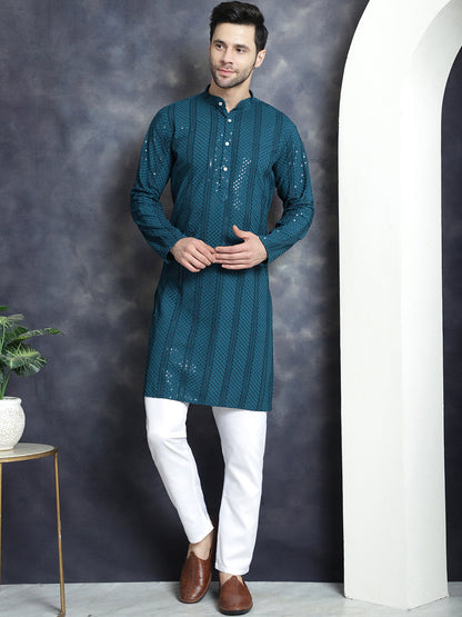 Jompers Men's Sequins Chikankari Embroidered Kurta with Pyjama - Peacock - Distacart