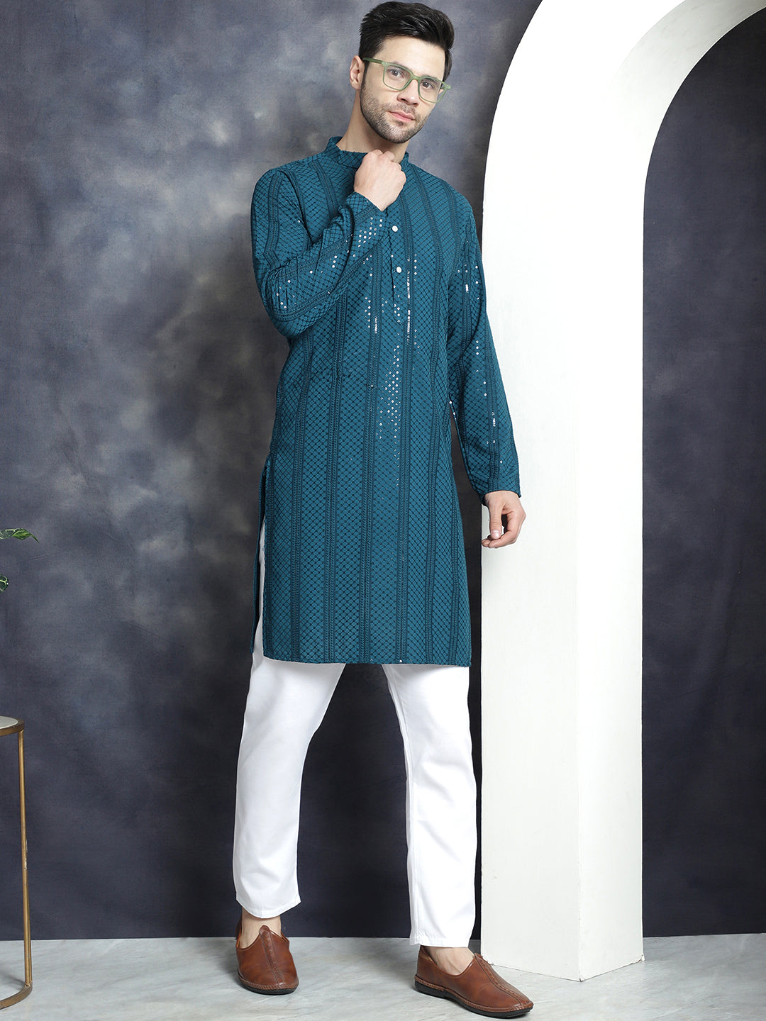 Jompers Men's Sequins Chikankari Embroidered Kurta with Pyjama - Peacock - Distacart