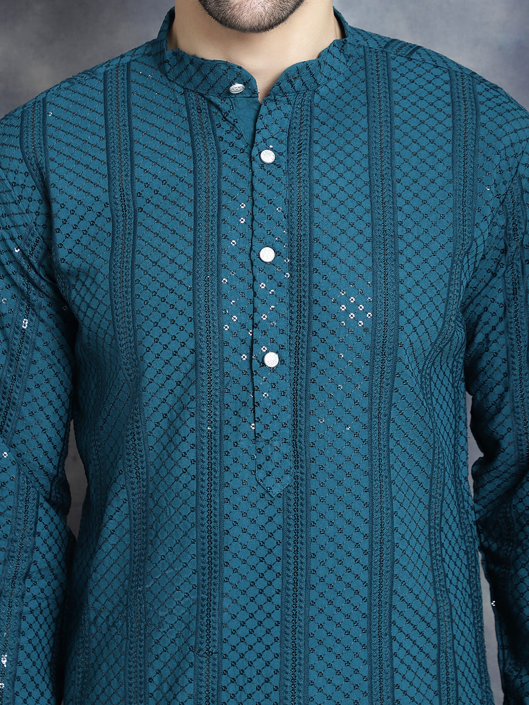 Jompers Men's Sequins Chikankari Embroidered Kurta with Pyjama - Peacock - Distacart