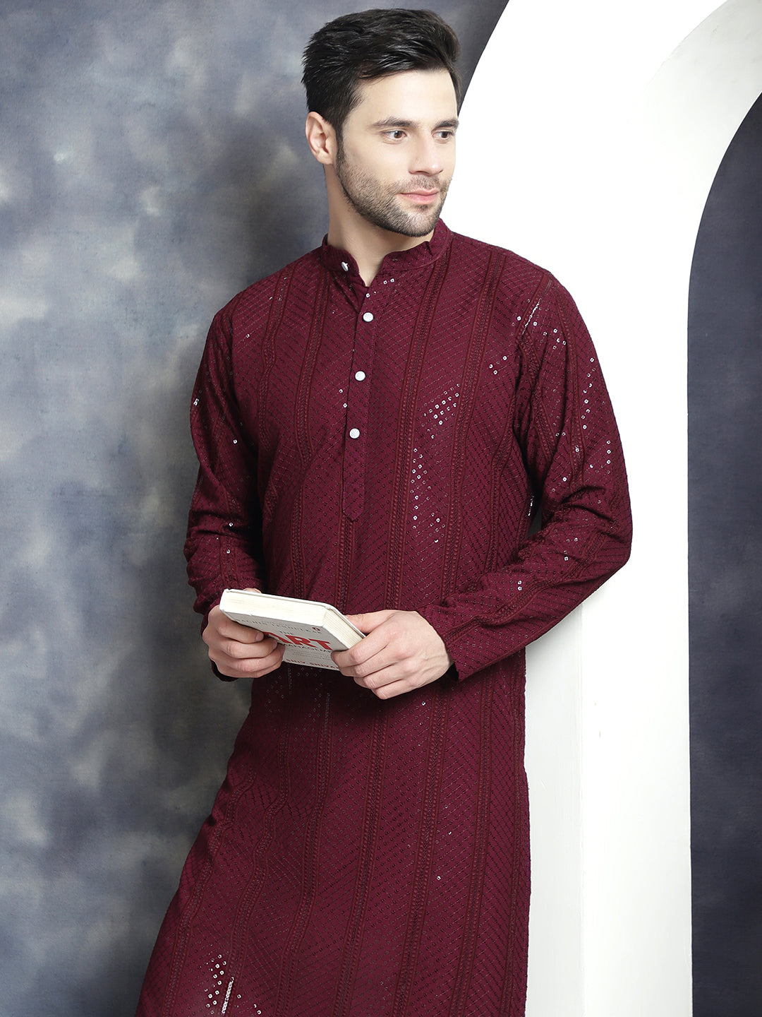 Jompers Men's Sequins Chikankari Embroidered Kurta with Pyjama - Purple - Distacart