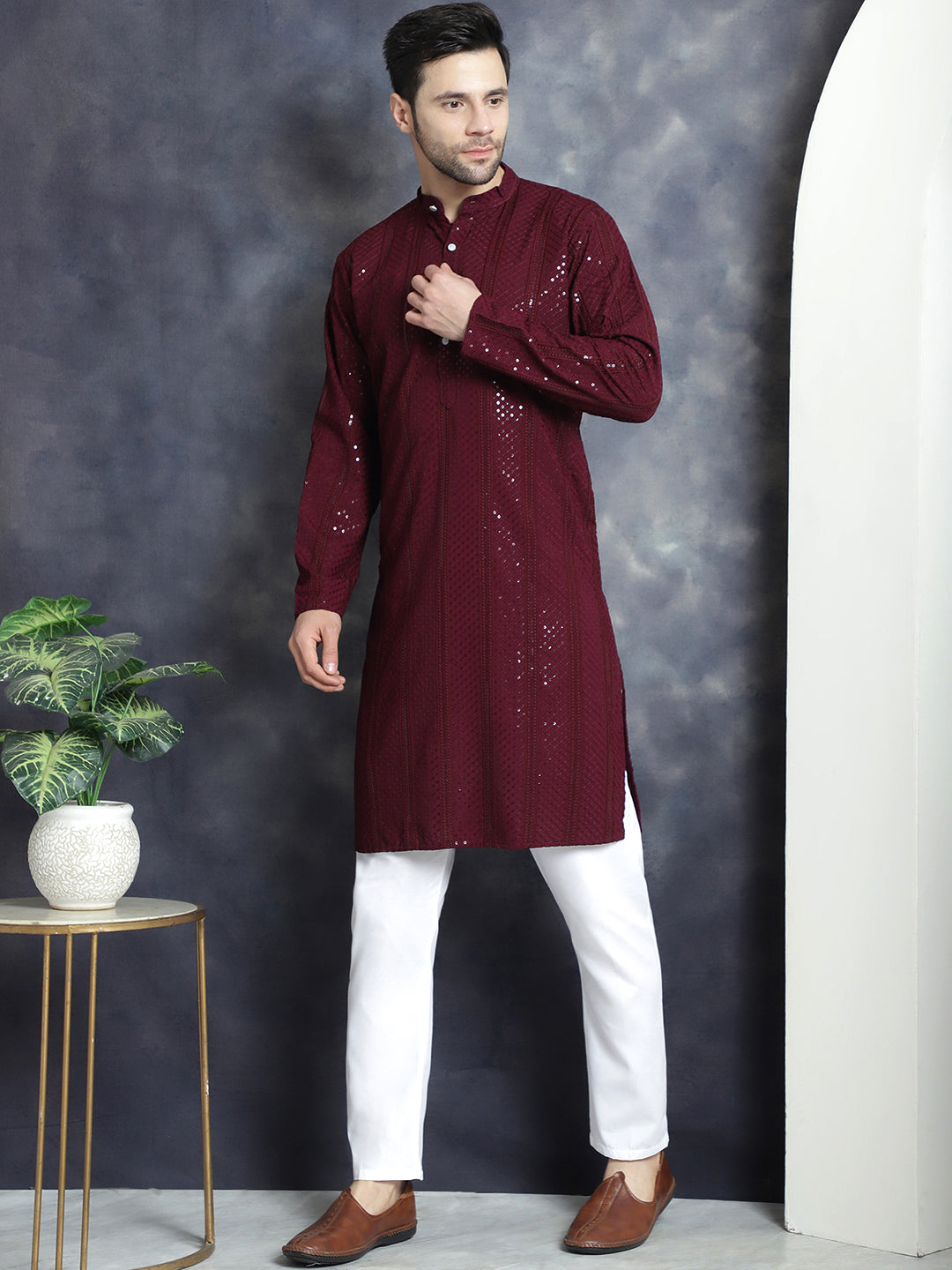 Jompers Men's Sequins Chikankari Embroidered Kurta with Pyjama - Purple - Distacart