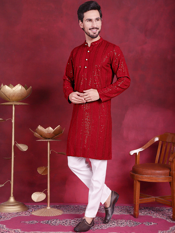 Jompers Men's Sequins Chikankari Embroidered Kurta with Pyjama - Red - Distacart